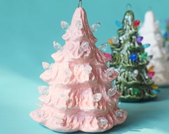 Mini Light Pink Ceramic Christmas Tree Ornament | Tiny Pink Ceramic Tree | Clear Light Accents