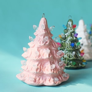 Mini Light Pink Ceramic Christmas Tree Ornament | Tiny Pink Ceramic Tree | Clear Light Accents