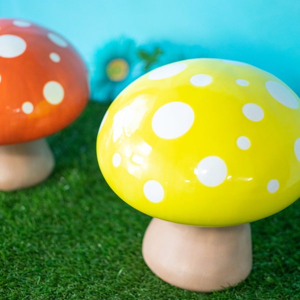 Jumbo Mushroom Art | Mushroom Garden Statues | Polka Dot Caps | Mother's Day Gift Idea | Yard Art | Glazed Shroom Statue