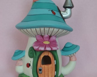 Ceramic Fairy Garden House - Fairy Garden - Striped Fairy House - Fairy Village - Fairy Accessories - Turquoise Fairy House