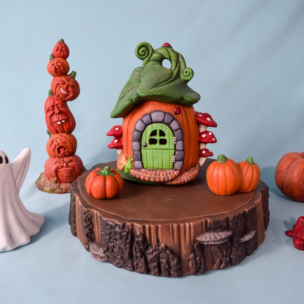 Little Pumpkin Fairy House | Halloween Decor | Spooky Pumpkin | Haunted Ceramic Pumpkin Cottage | Scary Fairy Garden | Pumpkin Ghost House