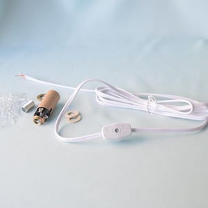 May include: A white electrical cord with a plug, inline switch, and a light socket. The cord is coiled and there are two small clear light bulbs and a pile of clear plastic crystals.
