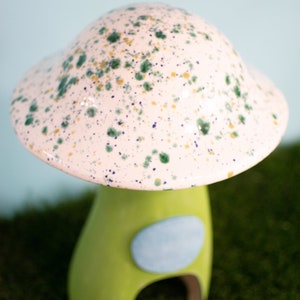 Toadstool Ceramic Mushroom  | Large Garden Statue | Speckled Green Fungi | Glazed Ceramic Art | Frog House | Yard Art | Magic Mushroom Art