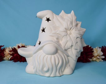 Bisque Poinsettia Gnome 8in | Vintage Ceramic Gnome | Vintage Christmas Gnome | Ready To Paint | DIY