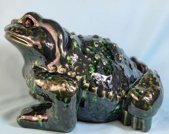 Vintage Peacock Green Glazed Arnel Toad Statue - Unique Garden