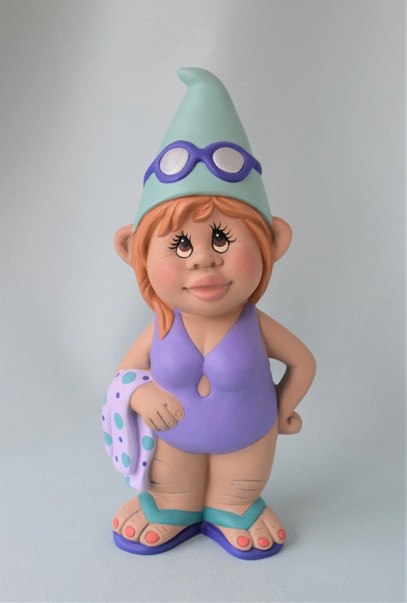 Girl Garden gnome ,Tropical Beach Gnome , Wearing a Purple Bathing suit