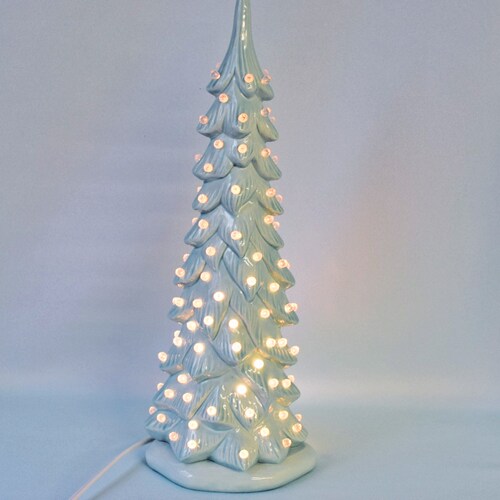 Wispy Pine Ceramic Christmas Tree - Sea-Glass Color with Clear Lights for Holiday Mantel Decor