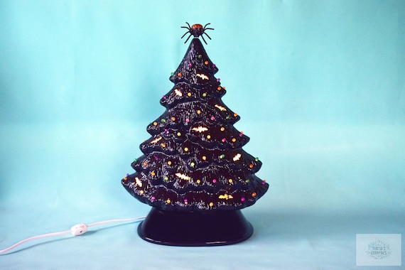 Ceramic Black Halloween Tree Night Light – Plug-in Small LED Lantern With 28 Colored Lights, Rotating Plug For Holiday Decor