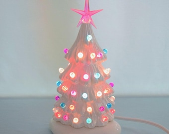 Two White Christmas Trees - Lighted Ceramic Christmas Tree - 2 Pastel Christmas trees - 5.75 inch Size XSmall - Gift for little girl