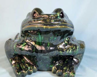 Vintage Peacock Green Glazed Arnel Toad Statue - Unique Garden