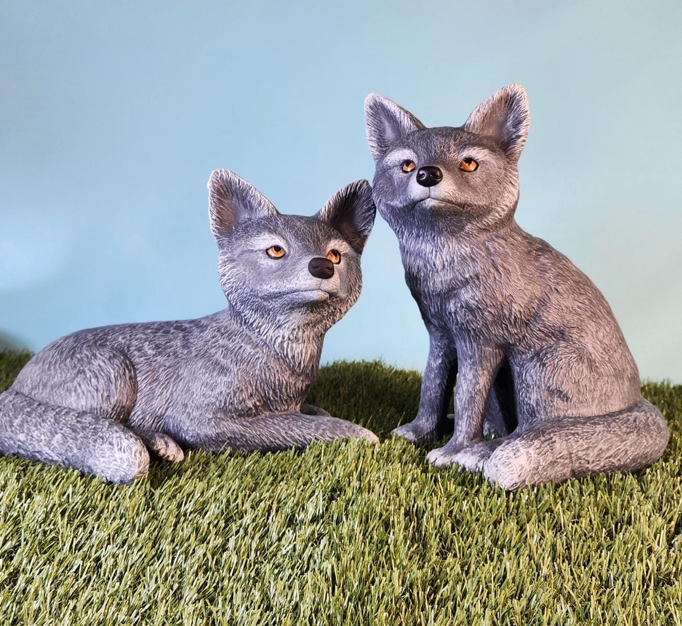 Lifelike Gray Woodland Fox Pair Sculpture - Handcrafted Forest