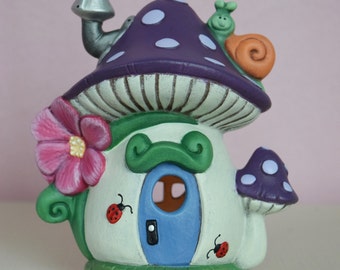 Mushroom Fairy  House - Polka Dot Fairy House - Purple Fairy House - Snail Fairy House - Lighted Fairy House -