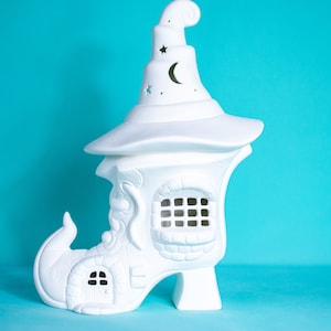 DIY Witches Boot Ceramic Fairy House - Paint Your Own Magical Halloween Cottage Night Light