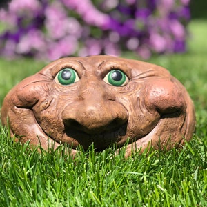 Quirky Ceramic Rock Face Garden Sculpture - Unique Yard Art with Green Eyes - Father's Day Gift