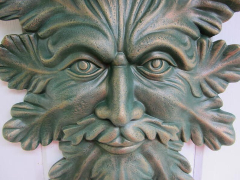 Leafman - Greenman - Nature man - Yard Art - Garden Decor - Green Leaf Face - Green - Copper - Gold - Leafman Plaque - Outdoor Wall Hanging
