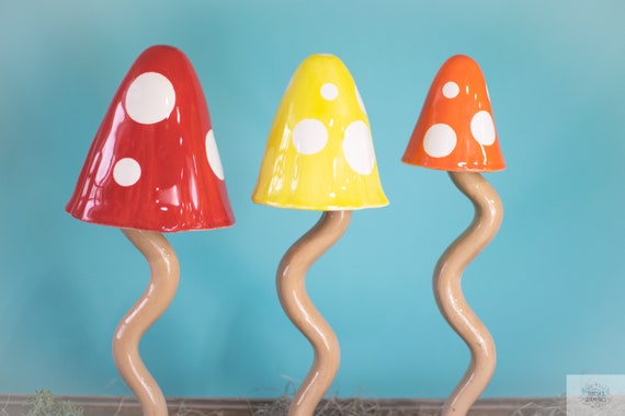 Polka Dot Mushrooms | Tall Mushroom Chimes | Ceramic Garden