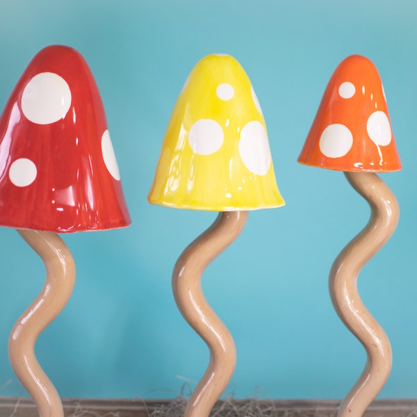 Polka Dot Mushrooms | Tall Mushroom Chimes | Ceramic Garden Mushrooms | 16" Tall Mushrooms