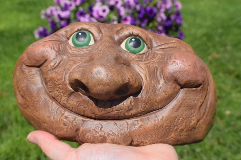 Rock Face Yard Art Grandpa Ceramic Stone Face with green eyes Garden Sculpture Father's Day Gift Rock Garden Decor Funny Stone image 2