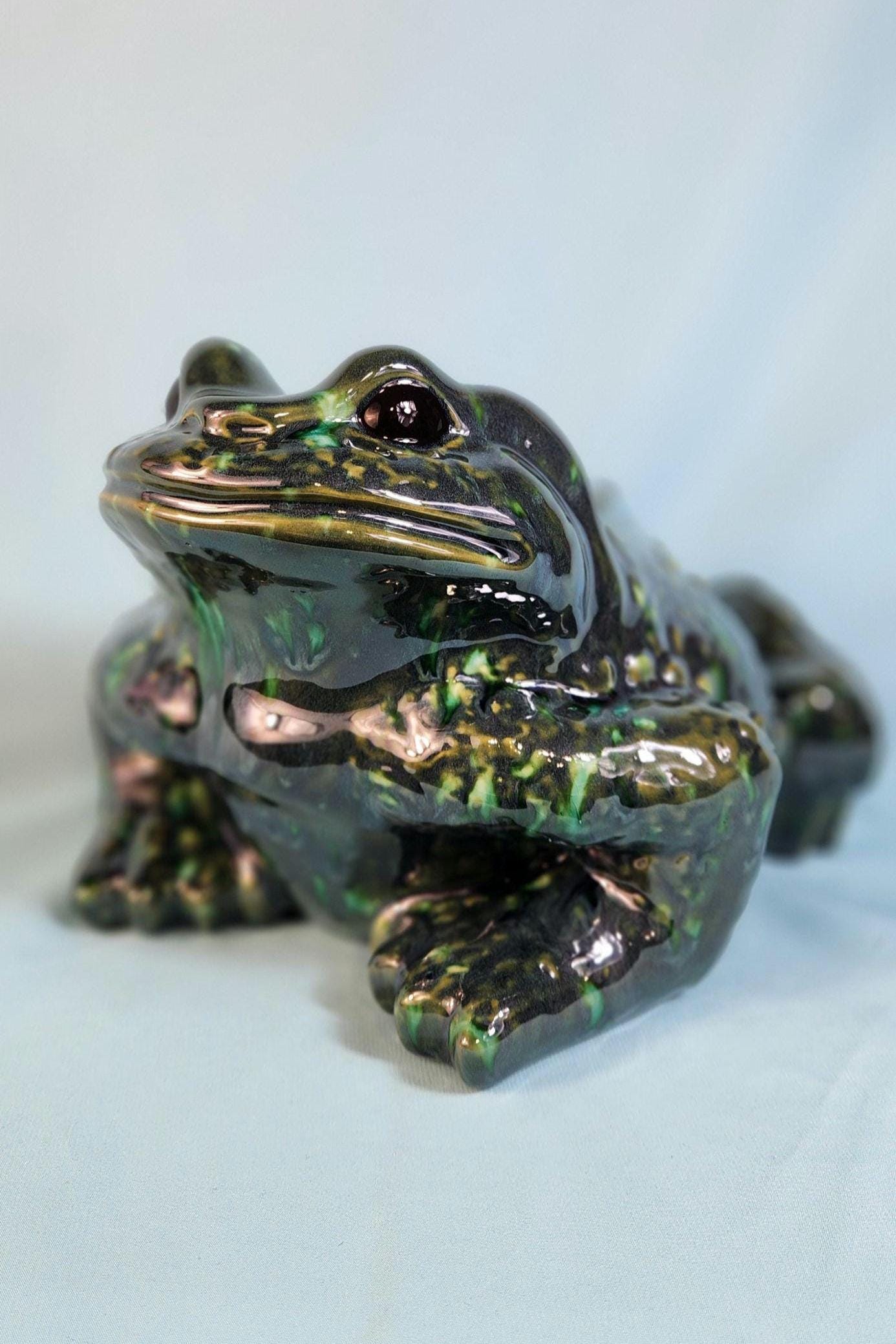 Vintage Peacock Green Glazed Arnel Toad Statue - Unique Garden