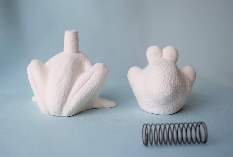 Pu&ograve; includere: Due statuine di rana in ceramica bianca, una con una molla attaccata alla base, e una molla separata.
