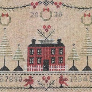 May include: Cross-stitch sampler featuring a red house, Christmas trees, wreaths, and the year 2020. The design includes numbers, birds, and floral accents, all stitched on a beige fabric.