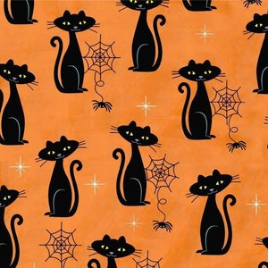 May include: A seamless pattern featuring black cats with yellow eyes on an orange background. The cats are in various poses and are surrounded by spiderwebs.