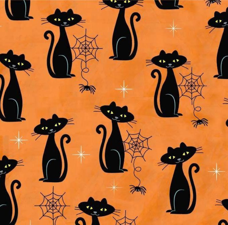 May include: A seamless pattern featuring black cats with yellow eyes on an orange background. The cats are in various poses and are surrounded by spiderwebs.