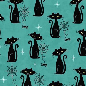 May include: A teal background with a repeating pattern of black cats and spiderwebs. The cats are in a sitting position with their tails curled around their bodies. The spiderwebs are in a variety of sizes and shapes.