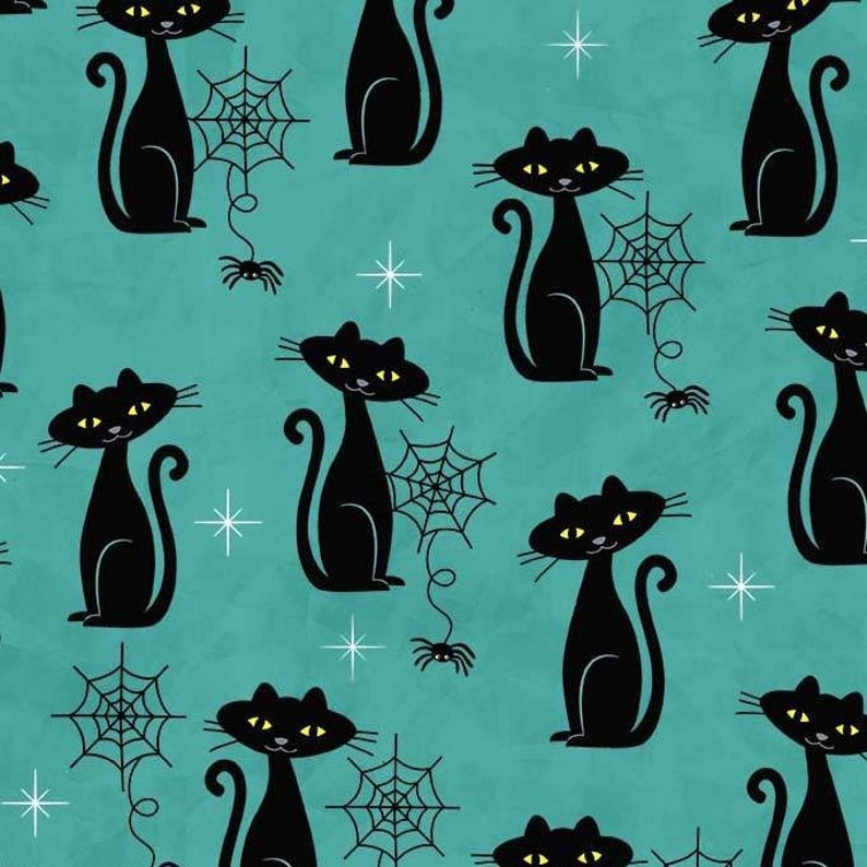 May include: A teal background with a repeating pattern of black cats and spiderwebs. The cats are in a sitting position with their tails curled around their bodies. The spiderwebs are in a variety of sizes and shapes.
