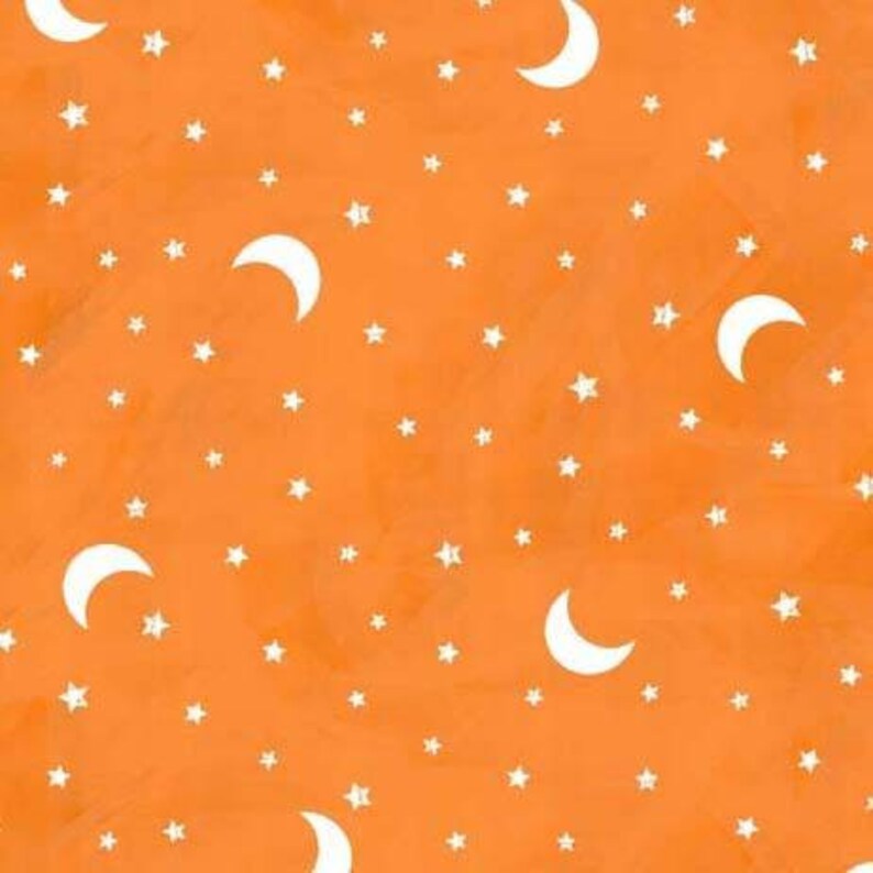 May include: A seamless pattern featuring white crescent moons and stars on an orange background.