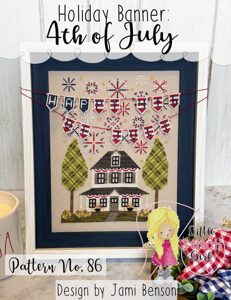Peut inclure: Mod&egrave;le de point de croix pour une banni&egrave;re de f&ecirc;te du 4 juillet avec une maison, des arbres et des feux d'artifice. La banni&egrave;re porte l'inscription "HOPE" et est en rouge, blanc et bleu. Le motif est intitul&eacute; "Holiday Banner: 4th of July" et "Pattern No. 86" et est con&ccedil;u par Jami Benson.