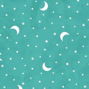 May include: A seamless pattern featuring white crescent moons and stars on a teal blue background.