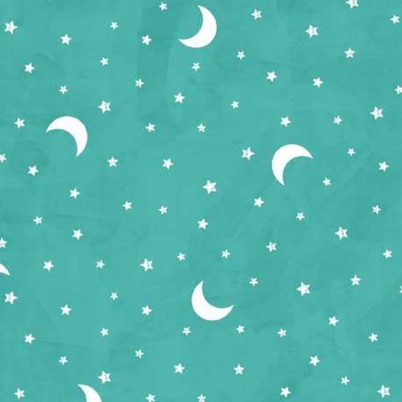 May include: A seamless pattern featuring white crescent moons and stars on a teal blue background.