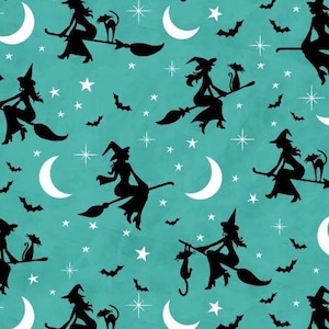 May include: A teal blue background with a repeating pattern of black silhouettes of witches flying on broomsticks with black cats. White crescent moons and stars are scattered throughout the pattern.