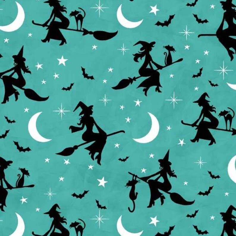 May include: A teal blue background with a repeating pattern of black silhouettes of witches flying on broomsticks with black cats. White crescent moons and stars are scattered throughout the pattern.