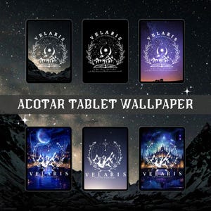 May include: Six digital tablet wallpapers featuring a white graphic design of a mountain range with a crescent moon and a star, surrounded by a wreath. The text "VELARIS CITY OF STARLIGHT" is below the graphic. The backgrounds are different shades of blue and purple with stars.