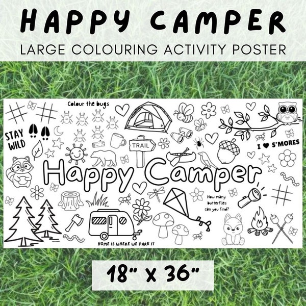 Happy Camper Camping Colouring Poster Coloring mat Activity Banner Giant Personalized Custom Table Runner Kids Games