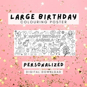 May include: A large, personalized birthday colouring poster with the text "LARGE BIRTHDAY COLOURING POSTER" and "HAPPY BIRTHDAY GABRIELA". The poster features illustrations of a mermaid, unicorn, and a number 5 candle.