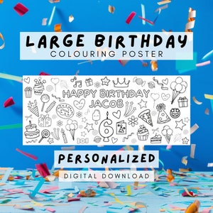May include: A black and white printable coloring poster with the text "Happy Birthday Jacob" and a number 6. The poster is surrounded by confetti and has a blue background.