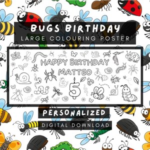 Può includere: Una pagina da colorare in bianco e nero con una varietà di insetti, tra cui coccinelle, farfalle, formiche e bruchi. La pagina dice "Buon compleanno Matteo" e include il numero 5. Il testo "Bugs Birthday Large Coloring Poster Personalized Digital Download" è in cima alla pagina.