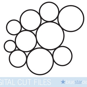 Pode incluir: Um design de arquivo de corte digital em preto e branco com um grupo de círculos sobrepostos de tamanhos diferentes.