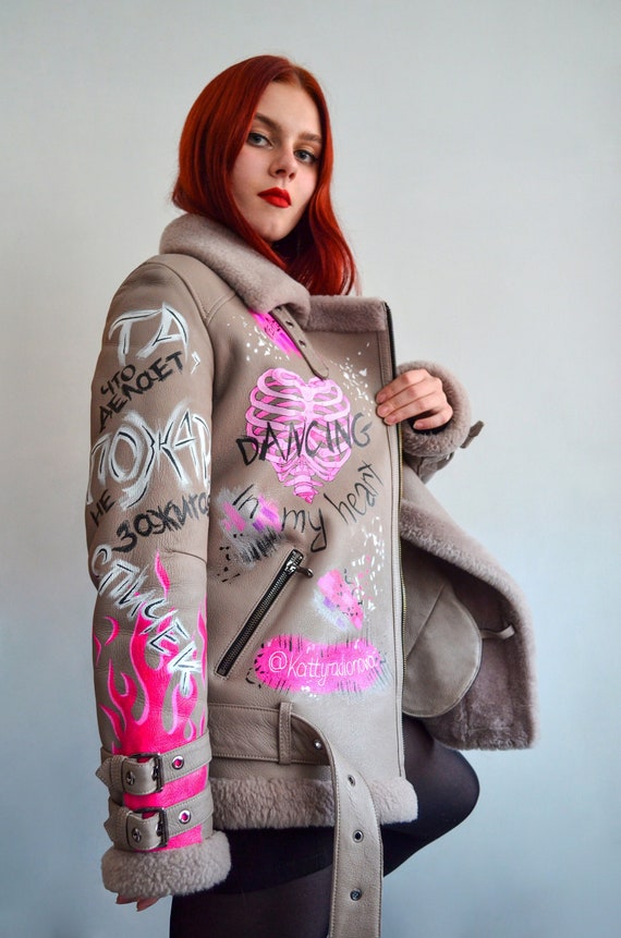 Hand Painted Women's Fur Coat, Custom Leather Jacket