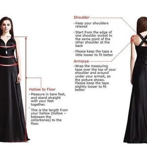 May include: Diagram illustrating dress measurement points: bust, waist, hips, shoulder, armscye, arm length, and hollow to floor. A woman in a black dress is shown from the front and back, with measurement instructions.