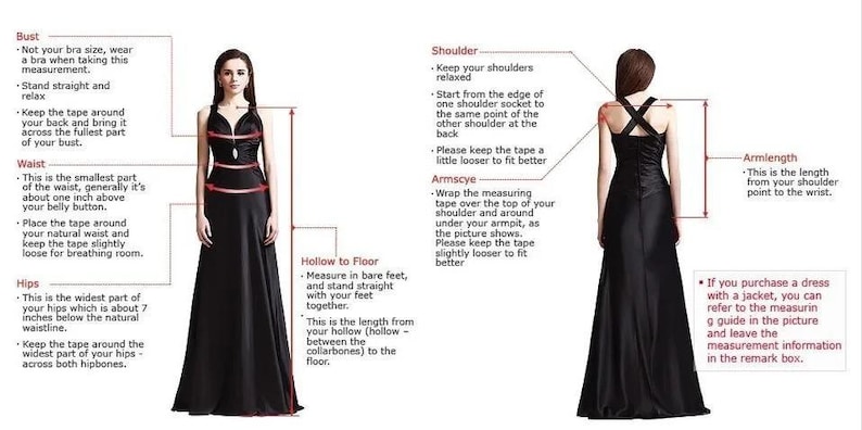 May include: Diagram illustrating dress measurement points: bust, waist, hips, shoulder, armscye, arm length, and hollow to floor. A woman in a black dress is shown from the front and back, with measurement instructions.