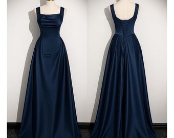 Prom Dress Satin in 130+ Colors |S1006| Navy|Long Formal Gown | 2026 Graduation Ball Outfit|Custom|vintage|y2k|80s|90s|2000s