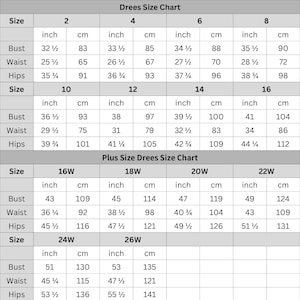 May include: A detailed Drees size chart, displaying measurements in inches and centimeters. The chart includes sizes 2 through 26W, with bust, waist, and hip measurements. The chart is designed for dresses.