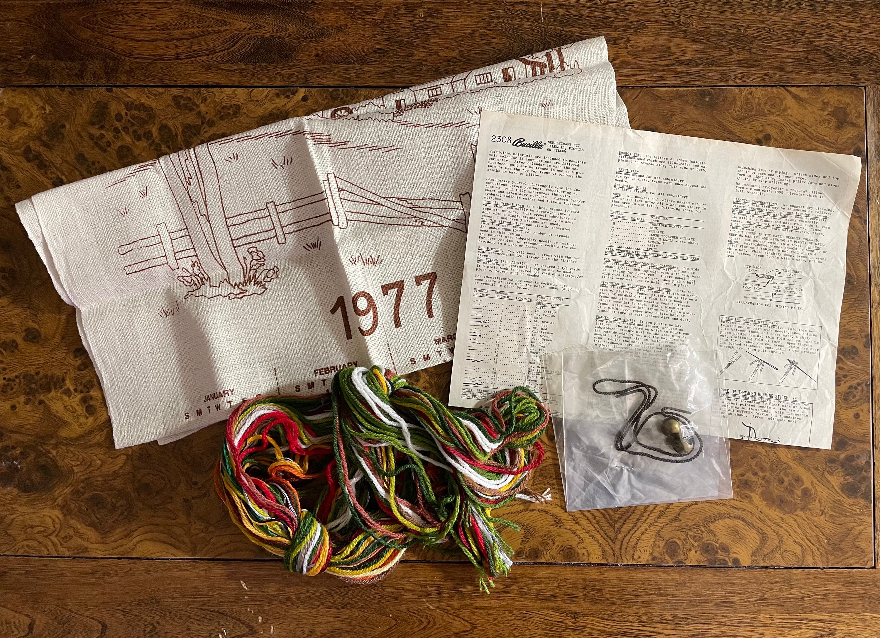 Vintage Bucilla Crewel Needlecraft Kit 2308 COUNTRY CORNER 1977 Calendar - Opened