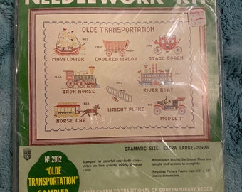 Vintage Buculla Needlework Kit 2912 Olde Transportation Sampler 20” x 26” Sealed
