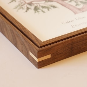 May include: Close-up of a framed artwork. The frame is made of dark brown wood with a light-coloured accent at the corner joints. The artwork features a tree illustration with green and brown tones, and handwritten text.