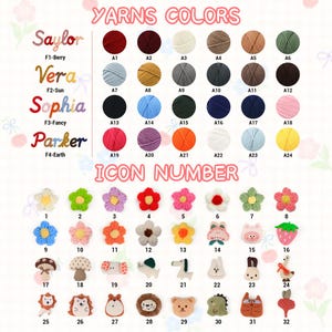 A comprehensive chart displaying customization options for personalized children's products, featuring a Yarns Colors guide with 24 solid color swatches (A1–A24), four multi-colored yarn styles (F1–F4), and a numbered Icon Number collection of 32 decorative 3D patches including flowers, animals, and fruits.